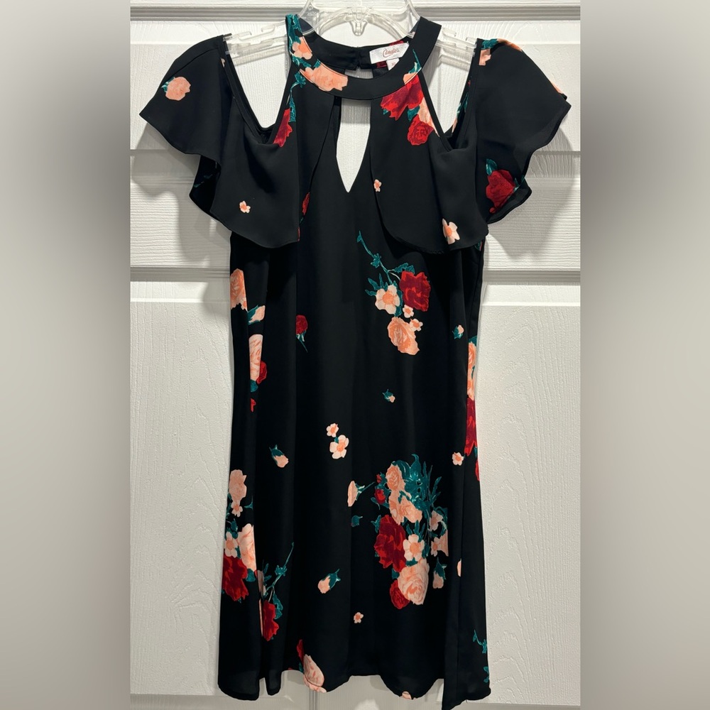 Women Candies Black Floral Cold Shoulder Swing Dress Sz XS Spring Easter Church